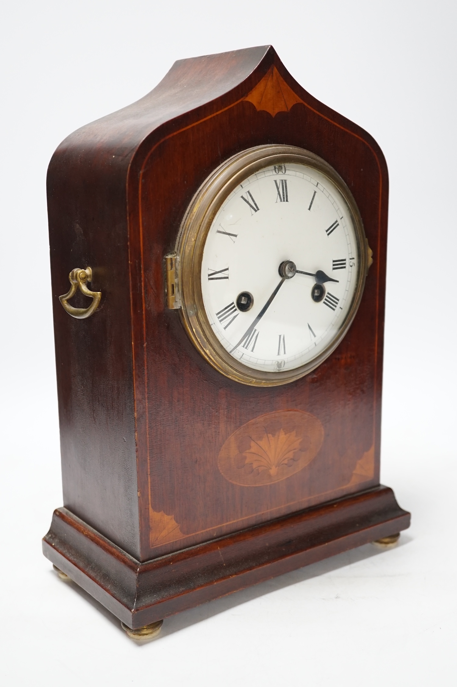 An Edwardian shell inlay mantel clock, with a Philipp Haas and Sons movement striking on a coiled gong, 34cm high